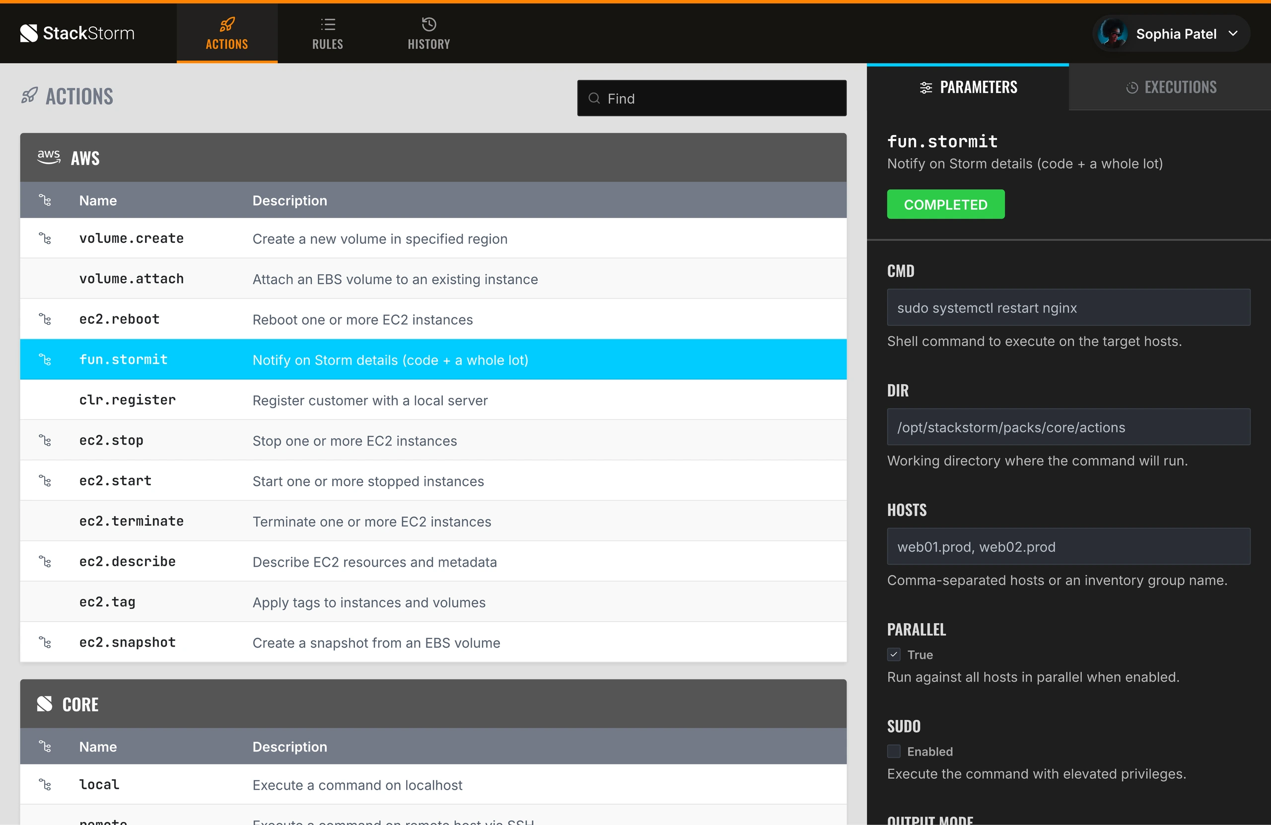 StackStorm action parameters screen