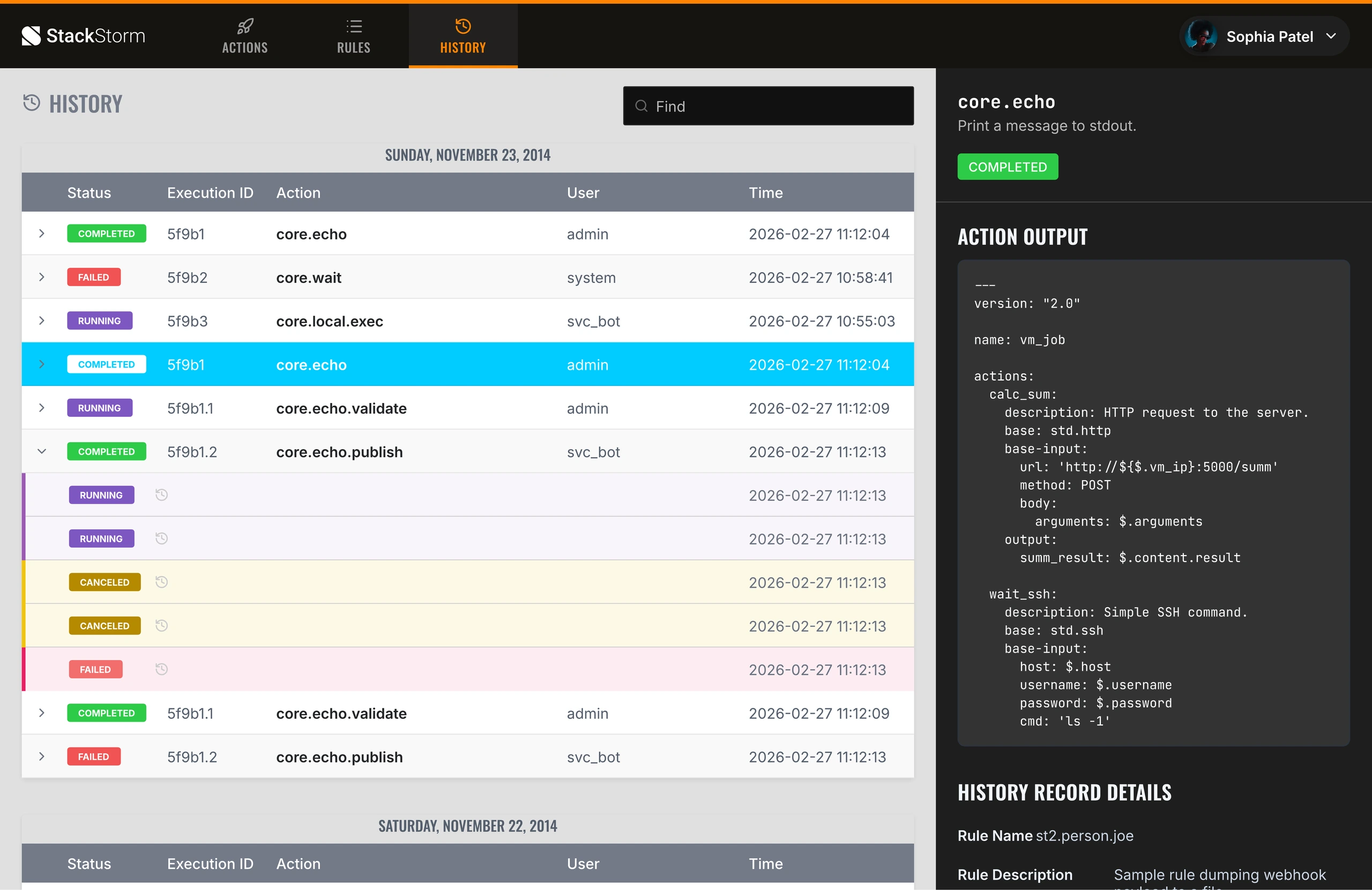 StackStorm execution history screen